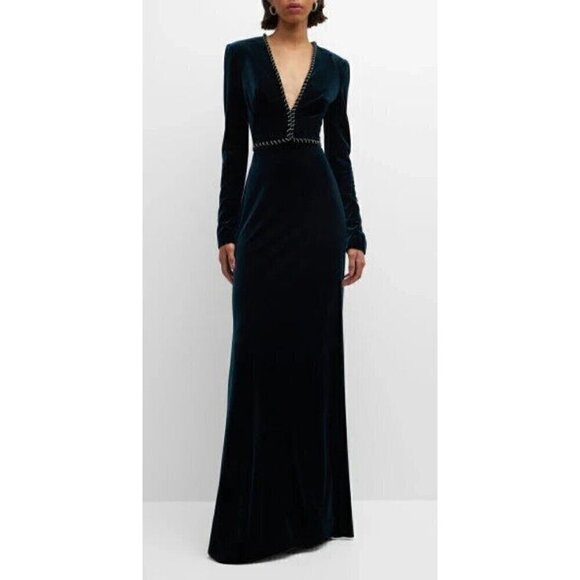 $4295 Monique Lhuillier 14 Plunging Crystal embellished Velour Gown elegant